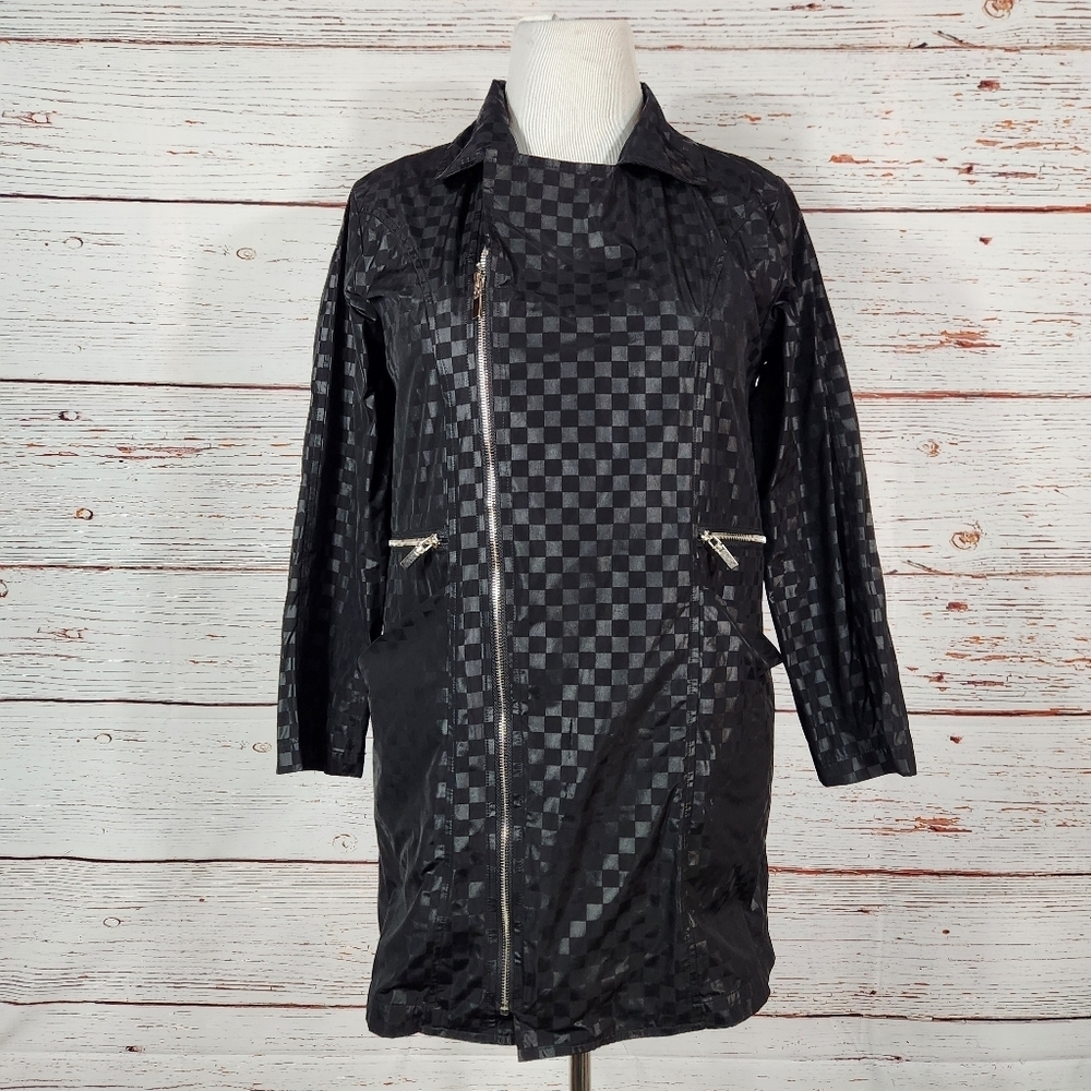 SUN KIM Asymmetrical Black Checkered Rain Coat Jacket Size Small